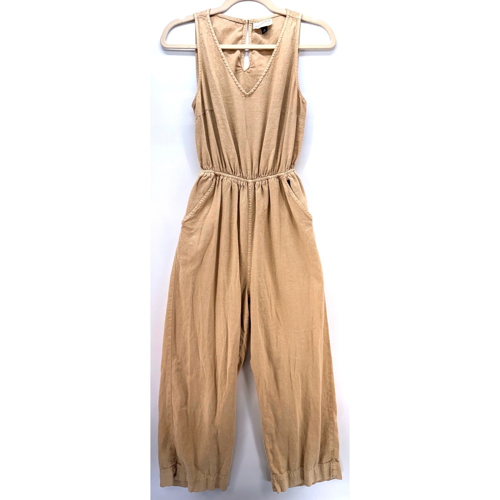 Linen Rayon Jumpsuit Sz XS Beige Boho Lagenlook Wide Leg Back Cutout Euro Summer